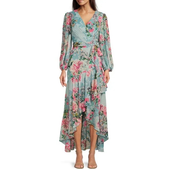 Eliza J Dresses & Skirts - Eliza J Floral Metallic Surplice V-Neck Long Sleeve High-Low Wrap Maxi Dress 2